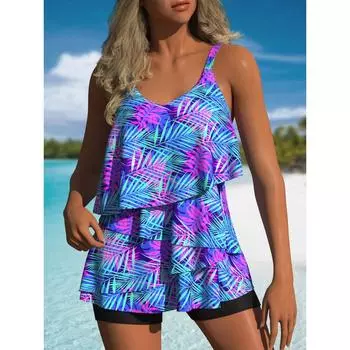 Новый женский купальник танкини с тропическим принтом S разноцветный