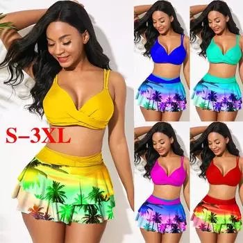 Новый женский летний купальник с разрезом и принтом кокосовой пальмы, модная очаровательная пляжная юбка, купальник с рюшами и высокой талией, комплект бикини с открытой спиной S жёлтый