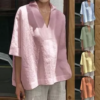 Новый женский летний модный свободный пуловер с круглым вырезом, однотонная литературная хлопковая футболка из конопли S тёмно-синий