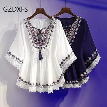 Новый женский летний топ большого размера, свободный и с тонкой талией, женский уменьшающий возраст шифон с винтажным принтом M белый