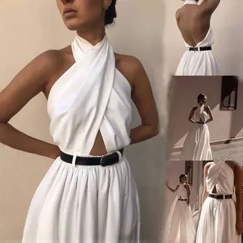 Новый женский модный белый комбинезон с лямкой на шее, широкие брюки, сексуальный комбинезон без рукавов с лямкой на шее, брюки S белый