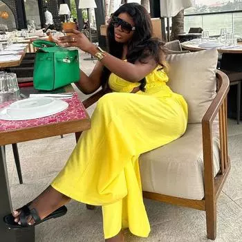 Новый женский модный комплект из двух предметов: топ-труба, широкие брюки, повседневный костюм большого размера S жёлтый