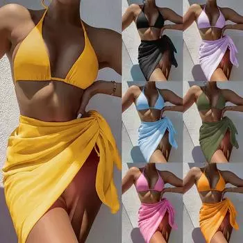 Новый женский модный однотонный купальник бикини, комплект из трех предметов, сексуальный кружевной сетчатый элегантный пляжный комплект с юбкой, комплект бикини S жёлтый