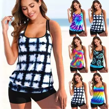 Новый женский модный сексуальный плюс размер из двух предметов с индивидуальным принтом, камзол, купальник с юбкой, женский купальный костюм, купальный костюм, пляжная одежда S чёрный