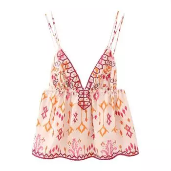 Новый женский модный универсальный сексуальный топ без рукавов с V-образным вырезом и вышивкой бисером S бежевый