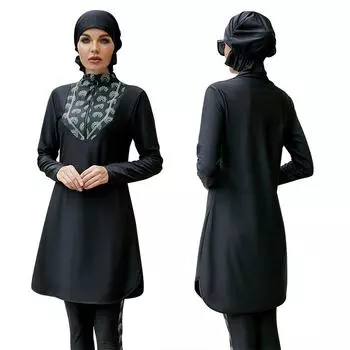 Новый женский мусульманский купальник тонкий черный исламский купальник с длинными рукавами летний арабский пляжный бикини с полным покрытием купальный костюм S-XL S чёрный