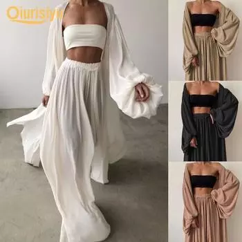 Новый женский однотонный кардиган с длинными рукавами, топ, широкие брюки, комплект из трех предметов XXXL белый