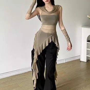 Новый женский однотонный облегающий уличный модный сетчатый топ без рукавов с капюшоном для женщин S хаки