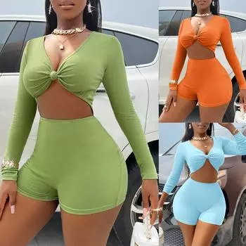 Новый женский однотонный повседневный облегающий и сексуальный комбинезон с длинными рукавами и глубоким v-образным вырезом L зелёный