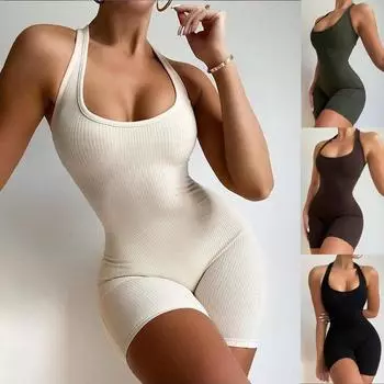 Новый женский однотонный сексуальный короткий спортивный комбинезон с открытой спиной и лямкой на шее S чёрный