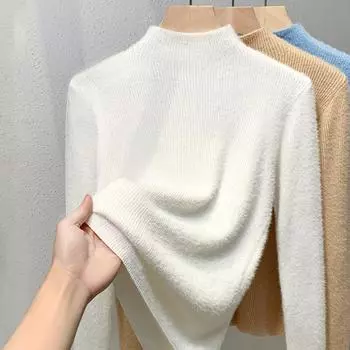 Новый женский осенне-зимний стиль с бархатным полуводолазным свитером для ношения на открытом воздухе, встроенной бархатной трикотажной базовой рубашкой One size белый