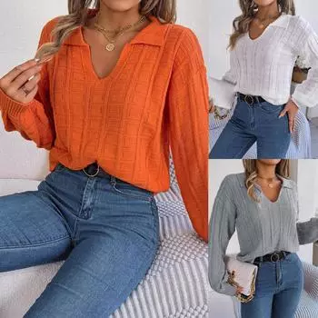 Новый женский осенне-зимний трикотаж с вырезом поло и длинными рукавами, модный пуловер, свободный и удобный свитер с v-образным вырезом, повседневный свитер с длинным рукавом S оранжевый