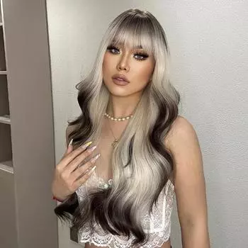 Новый женский парик, челка Qi, платина, постепенное изменение, шоколадный модный цвет волос, большая волна, вьющиеся волосы, парик, чехол lc1082-2