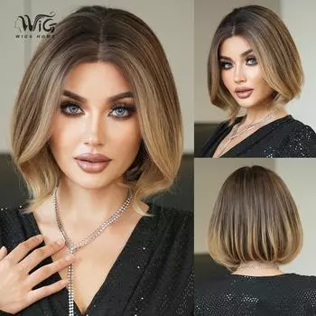 13x1 парик боб с Т-образной частью на сетке — короткие кудри с теневым блондом, термостойкие синтетические волосы с естественным видом 31cm 12inch чёрный/золотой