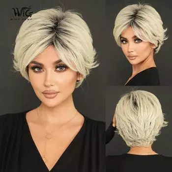 Парик Icy Platinum Pixie Cut - 12-дюймовый синтетический парик с тенью от корней, термостойкий, 178 г, легкие, как перышко, летние короткие волосы 33cm 12 Inch платиновый