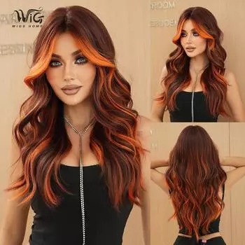 TikTok Viral Flaming Orange Balayage Wig - Длинный волнистый с челкой-занавеской | Готовый бесклеевой парик для смелых модных женщин 65cm оранжевый