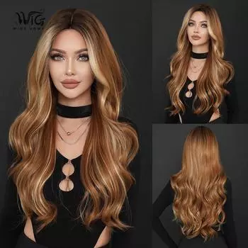 28-дюймовый золотисто-коричневый кудрявый парик балаяж - термостойкий средний пробор свободные волны синтетический шиньон для повседневных и вечерних целей 72cm 28 Inch коричневый