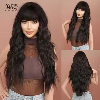 Парик Jet Black 30 Loose Waves - термостойкий синтетический передний накладной волос HD с прямой челкой для естественного вида 76cm 30 Inch чёрный