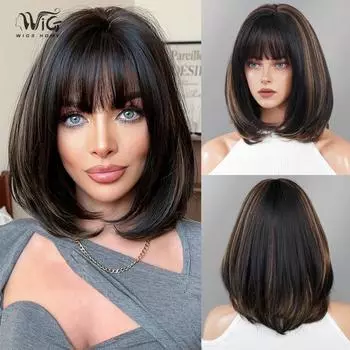 Черный и золотой парик «Балаяж Боб» — 16 дюймов, термостойкая обратная многослойная стрижка, 190 г синтетических волос с прямой челкой для повседневного шика 40cm 15.74 inch чёрный/золотой