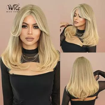 Парик боб с каскадом пепельно-русого цвета с челкой-занавеской — естественные готовые слои для ежедневной носки 49cm_20inch золотой