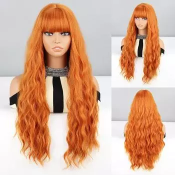 Новый женский парик, натуральный черный волнистый парик с челкой, синтетическое волокно, повседневная одежда, длинный черный волнистый парик для косплея, вечеринки бежевый