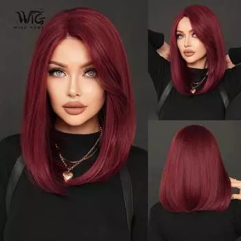 13x4 T-образный парик с кружевной фронтальной частью - бордовый и золотистый блонд, прямые волосы длиной до плеч, японский канекалон, связанный вручную синтетический парик 40cm 16Inch золотой