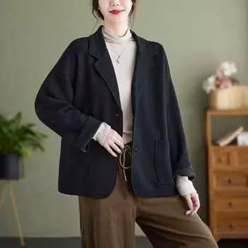 Новый женский пиджак пальто с пуговицами карманы базовый осенний кардиган женский свободный клетчатый пиджак L чёрный