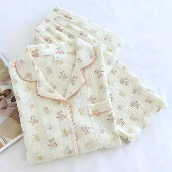 Новый женский пижамный комплект из 100% хлопкового крепа с длинными рукавами, комплект из двух предметов с отворотом, простой M