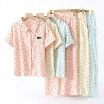 Новый женский пижамный комплект из 100% хлопкового крепа с короткими рукавами и брюками, комплект из двух предметов, женская пижама с воротником-рубашкой, домашний декор M розовый