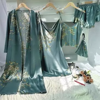 Новый женский пижамный комплект из 4 предметов, весна-лето, атласная пижама, нижнее белье, принт в виде вишневого цветка, ночная рубашка, свободная домашняя одежда S
