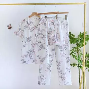 Новый женский пижамный комплект весна-лето 100% хлопок короткие рукава + шорты + длинные брюки из трех предметов тонкий милый домашний декор M