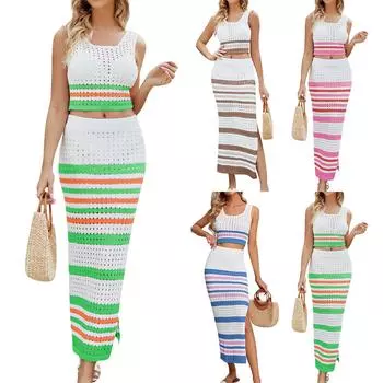 Новый женский полосатый полый костюм с квадратным воротником, короткий жилет, длинная юбка с разрезом для женщин L синий