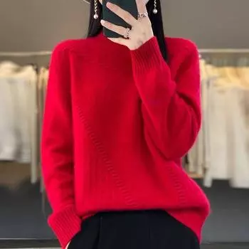 Новый женский полуводолазный свитер на осень и зиму из мериносовой шерсти, вязаный топ, утолщенный, повседневный, свободный, кашемировый свитер S красный