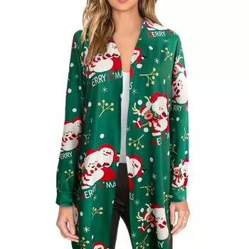 Новый женский повседневный кардиган с рождественским принтом и длинными рукавами для женщин S зелёный