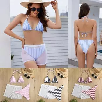 Новый женский повседневный купальник бикини в полоску с принтом, комплект из трех предметов, модный купальник с открытой спиной и ремнями, сексуальные кружевные шорты-боксеры, пляжное бикини S синий