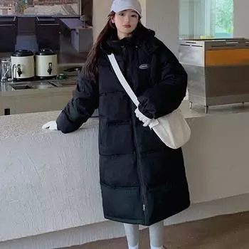 Новый женский пуховик длиной до колена в корейском стиле, свободное и теплое пальто S чёрный