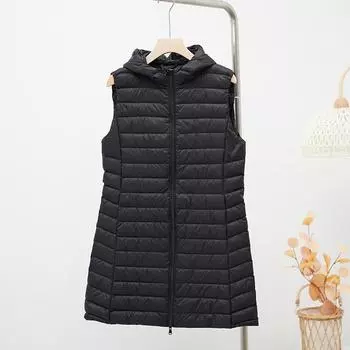 Новый женский пуховый жилет средней и длинной длины с капюшоном, модный облегающий крой с легким и тонким жилетом с тренчем M чёрный