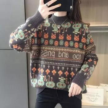 Новый женский пуловер с рисунком из мультфильма, теплый вязаный свитер S чёрный