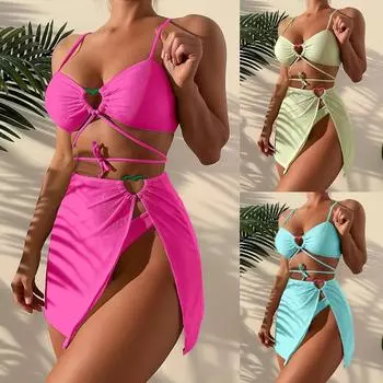 Новый женский разделенный купальник, бикини, однотонный сексуальный комплект бикини со шнуровкой, очаровательное пляжное бикини с пряжкой и шнуровкой Love S красный
