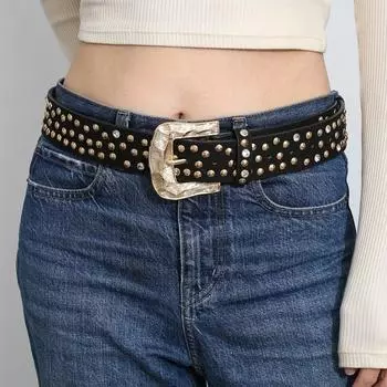 Новый женский ремень, модный, со стразами и круглыми заклепками, универсальный, модный, мягкий, из искусственной кожи, ремень для джинсов в стиле панк-рок Y2K 110cm