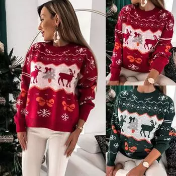 Новый женский рождественский свитер с круглым вырезом и пуловером XL красный
