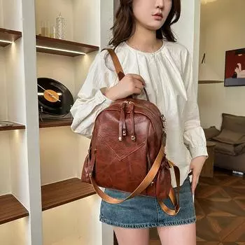 Новый женский рюкзак ретро простой модный большой емкости маслянистая кожаная сумка для поездок на работу текстурированная сумка через плечо чёрный