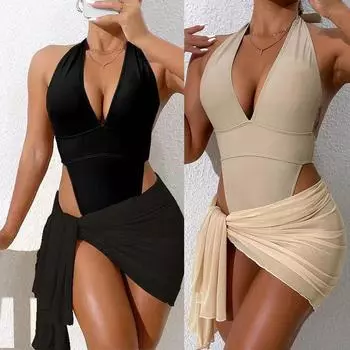 Новый женский сексуальный облегающий купальник бикини, повседневный однотонный бикини с v-образным вырезом, комплект из двух предметов, кружевная сетка с открытой спиной, кружевная юбка, комплект бикини S бежевый