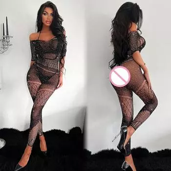 Новый женский сексуальный рыболовная сеть прозрачный полный костюм чулок женский эротический комбинезон с бриллиантами сетчатое обтягивающее нижнее белье боди XXS