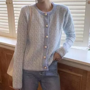 Новый женский синий свитер с круглым вырезом и жемчужными пуговицами, кардиган с длинными рукавами, повседневные винтажные мешковатые вязаные топы, верхняя одежда S
