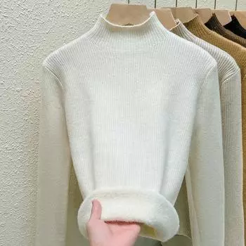 Новый женский стиль полуводолазки плюс пушистый свитер для зимней внутренней одежды, встроенная бархатная трикотажная рубашка с длинными рукавами S белый