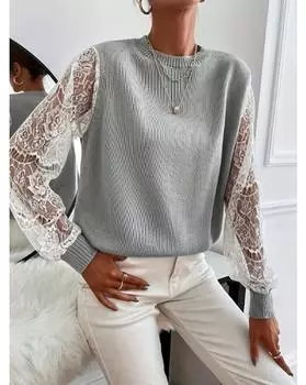 Новый женский свитер размера плюс с кружевной отделкой на рукавах 1XL серый