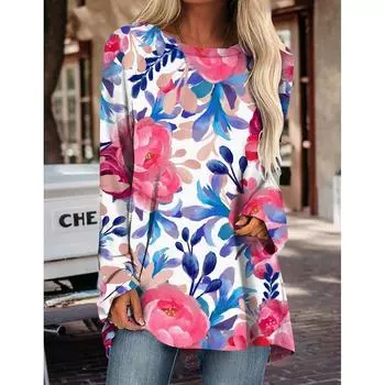 Новый женский свитер с длинным рукавом, футболка для женщин, женская одежда с круглым вырезом и цветочным принтом, повседневный пуловер в стиле Харадзюку, осень 4XL