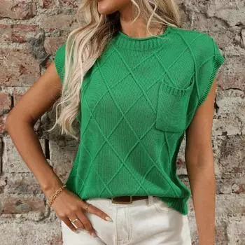 Новый женский свитер с круглым вырезом и карманом в форме ромба с короткими рукавами S зелёный