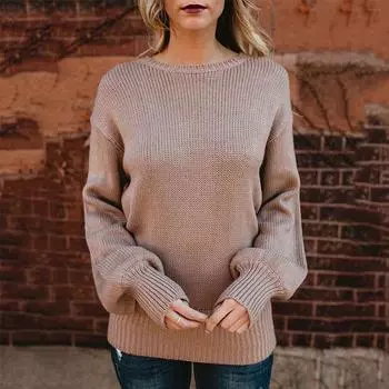 Новый женский свитер с открытой спиной и бантом, свободный вязаный пуловер с рукавами-фонариками, круглый вырез, свитер S белый